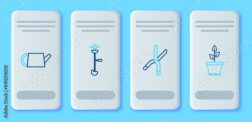 Set line Grass and weed electric string trimmer, Gardening handmade scissors, Watering can and Plant pot icon. Vector