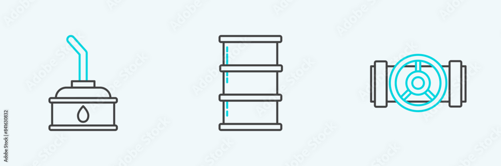 Set line Industry metallic pipes and valve, Canister for motor machine oil and Barrel icon. Vector Set line Industry metallic pipes and valve, Canister for motor machine oil and Barrel icon. Vector