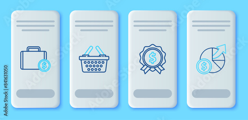 Set line Shopping basket, Price tag with dollar, Briefcase and money and Money diagram graph icon. Vector