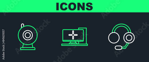 Set line Headphones, Web camera and Computer monitor icon. Vector