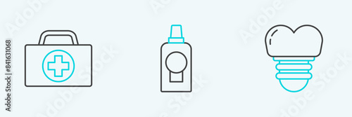 Set line Dental implant, First aid kit and Mouthwash plastic bottle icon. Vector