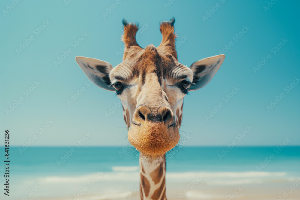 Naklejka premium A giraffe standing at the beach with the ocean and blue sky in the background.