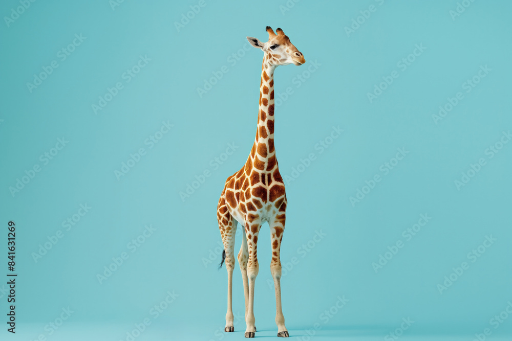 A giraffe with a blue background in a studio setting.