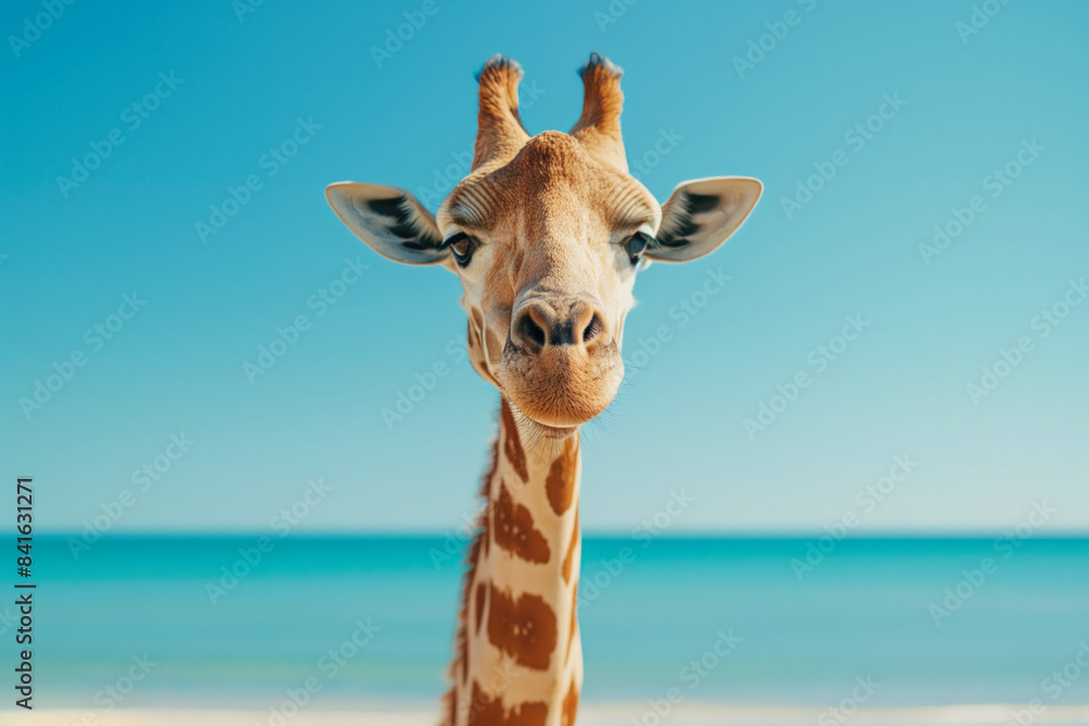 Naklejka premium A giraffe facing the camera with the ocean and clear sky in the background.