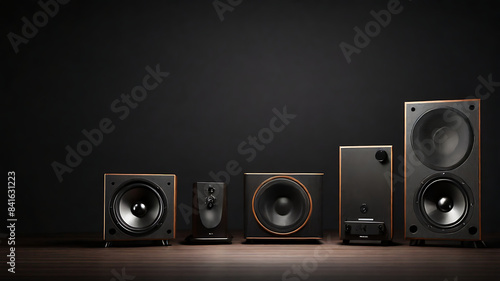 A loudspeakers for music and sound surround home theatre system placed in dark background with copy space, sound system banner design
