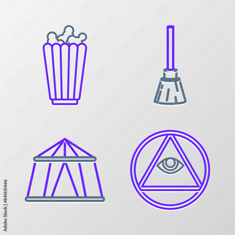 Set line Masons, Circus tent, Witches broom and Popcorn in box icon. Vector Set line Masons, Circus tent, Witches broom and Popcorn in box icon. Vector