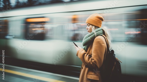 Woman in Brown Coat Texting on Train Platform with Blurred Passing Train photo