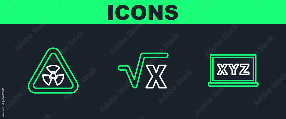 Set line XYZ Coordinate system, Triangle with radiation and Square root of x glyph icon. Vector Set line XYZ Coordinate system, Triangle with radiation and Square root of x glyph icon. Vector
