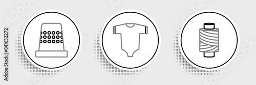 Set line Sewing thread on spool, Thimble for sewing and Baby clothes icon. Vector