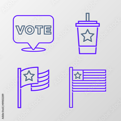 Set line American flag, Paper glass with straw and Vote icon. Vector