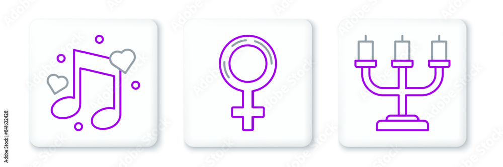 Set line Candlestick, Music note, tone with hearts and Female gender symbol icon. Vector Set line Candlestick, Music note, tone with hearts and Female gender symbol icon. Vector