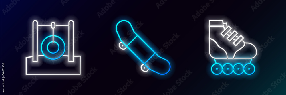 Set line Roller skate, Car tire hanging on rope and Skateboard trick icon. Glowing neon. Vector Set line Roller skate, Car tire hanging on rope and Skateboard trick icon. Glowing neon. Vector