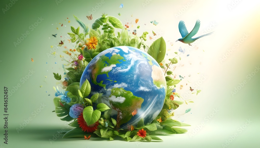 A vibrant depiction of the Earth enveloped by various plants, flowers, and butterflies, emphasizing environmental care and the interconnectedness of life. A vibrant depiction of the Earth enveloped by various plants, flowers, and butterflies, emphasizing environmental care and the interconnectedness of life.