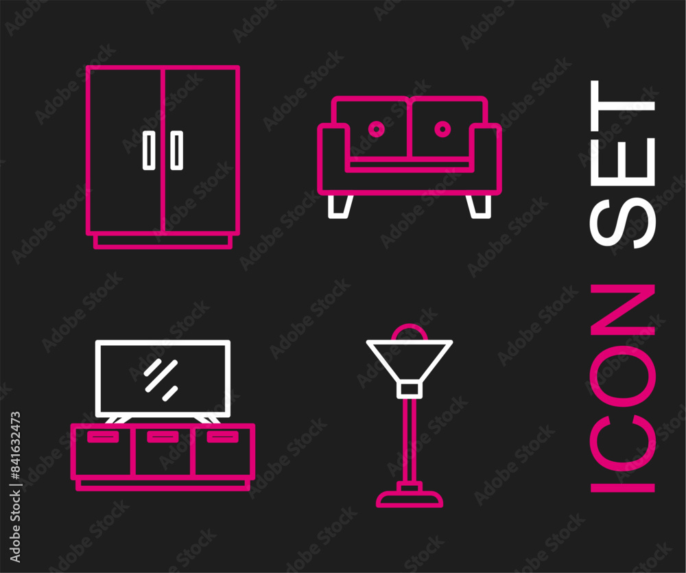 Set line Floor lamp, TV table stand, Sofa and Wardrobe icon. Vector Set line Floor lamp, TV table stand, Sofa and Wardrobe icon. Vector