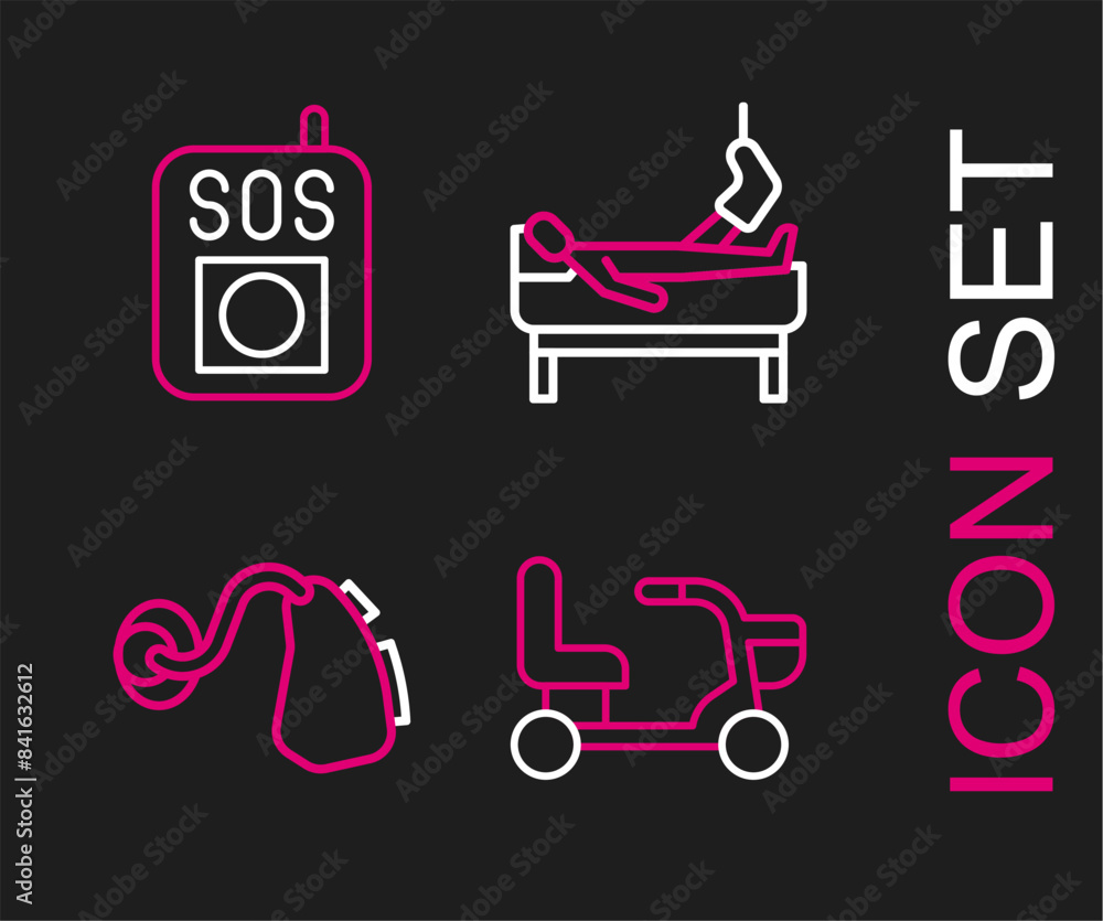 Set line Electric wheelchair, Hearing aid, Patient with broken leg and Press the SOS button icon. Vector Set line Electric wheelchair, Hearing aid, Patient with broken leg and Press the SOS button icon. Vector