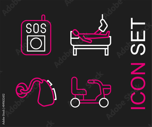 Set line Electric wheelchair, Hearing aid, Patient with broken leg and Press the SOS button icon. Vector