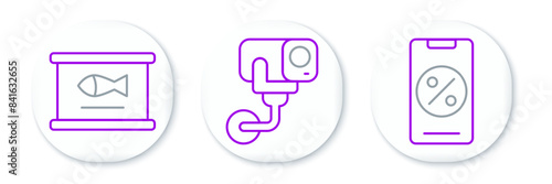 Set line Percent discount and mobile, Canned fish and Security camera icon. Vector