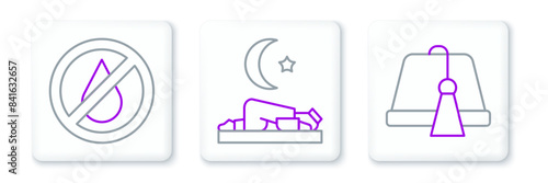 Set line Turkish hat, No water and Muslim man prays icon. Vector