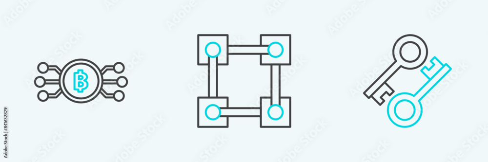 Set line Cryptocurrency key, bitcoin in circle with microchip circuit and Blockchain technology icon. Vector Set line Cryptocurrency key, bitcoin in circle with microchip circuit and Blockchain technology icon. Vector