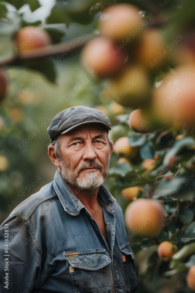 Man farmer mature caucasian stand in the orchard apple Man farmer mature caucasian stand in the orchard apple