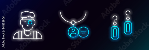 Set line Earrings, Jeweler man and Locket on necklace icon. Glowing neon. Vector