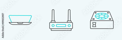 Set line Computer cooler, Laptop and Router and wi-fi signal icon. Vector