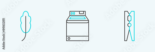 Set line Clothes pin, Feather and Washer icon. Vector