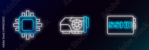 Set line SSHD card, Processor with CPU and Video graphic icon. Glowing neon. Vector