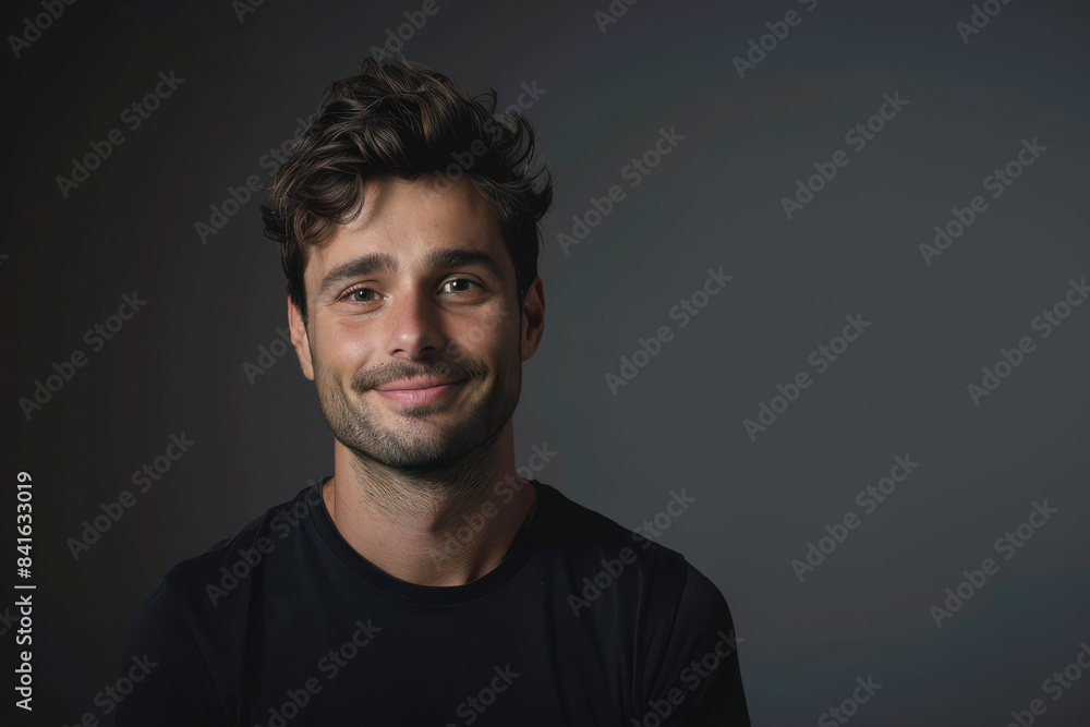 A close up portrait of a young man with a subtle smile A close up portrait of a young man with a subtle smile