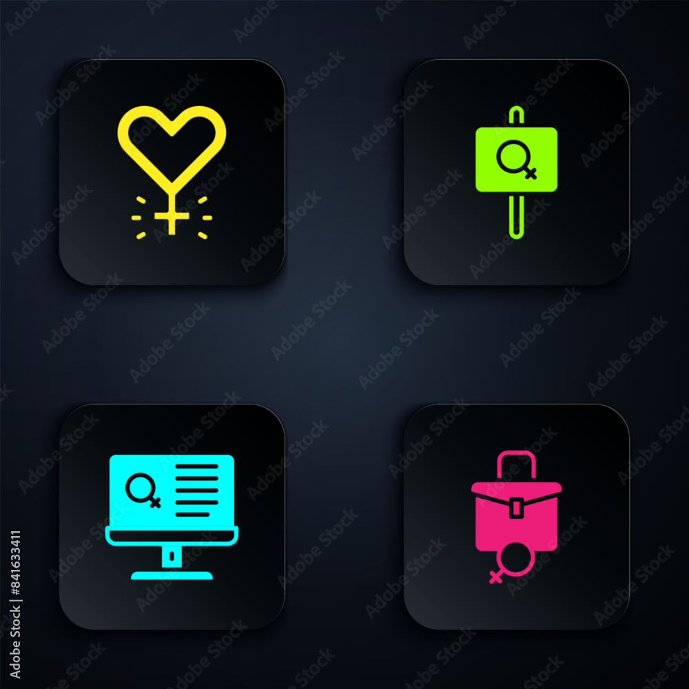 Set Work for female, Feminism, Dating app and Feminist activist. Black square button. Vector Set Work for female, Feminism, Dating app and Feminist activist. Black square button. Vector