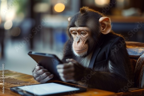 Smartly dressed chimpanzee attentively explores a digital tablet, seated at a wooden table