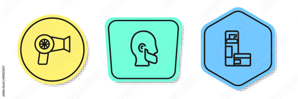 Set line Hair dryer, Mustache and beard and Shaving gel foam. Colored shapes. Vector Set line Hair dryer, Mustache and beard and Shaving gel foam. Colored shapes. Vector