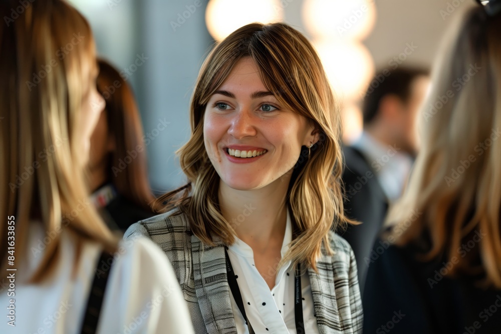 Engaging Female Manager Interacting with Professional Women at International Tech Conference. Smart Casual Attire with Blazer Over White Shirt, Highlighting Expressions Realistic Photojournalistic Engaging Female Manager Interacting with Professional Women at International Tech Conference. Smart Casual Attire with Blazer Over White Shirt, Highlighting Expressions Realistic Photojournalistic