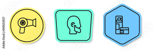 Set line Hair dryer, Mustache and beard and Shaving gel foam. Colored shapes. Vector