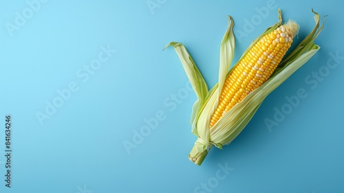 Partially husked ear of corn placed diagonally on a light blue background