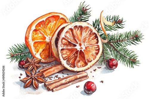 Festive Christmas Spice and Fruits Watercolor Illustration