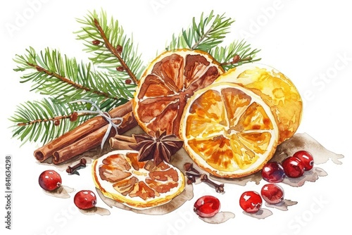 Fototapeta Naklejka Na Ścianę i Meble -  Festive Christmas Spice Watercolor Illustration with Dried Orange, Cinnamon, Cranberries, and Fir Branch