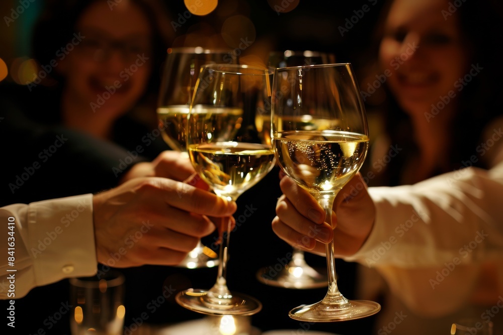 A group of friends are celebrating with glasses of white wine, toasting in a festive atmosphere of joy and togetherness. The closeup depicts a glamorous and warm gathering with smiles and happiness A group of friends are celebrating with glasses of white wine, toasting in a festive atmosphere of joy and togetherness. The closeup depicts a glamorous and warm gathering with smiles and happiness