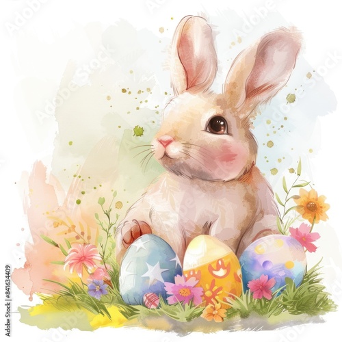 Festive Easter Celebration: Colorful eggs, Spring flowers, and Cute Bunny in Watercolor Style © juliiapanukoffa