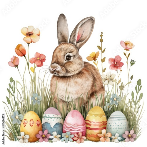 Festive Easter Greeting Card with Adorable Bunny  Colorful Eggs  and Spring Blossoms in Watercolor Style