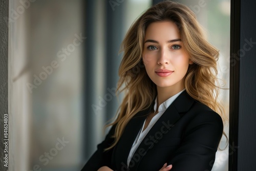 Professional woman in a suit posing with a confident look in an elegant office environment