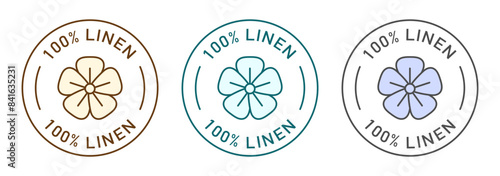 100 percent linen label vector design for packaging. Linen flower icon. Organic fabric color sticker.