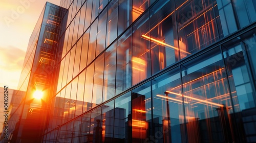 business and financial skyscrapers concept. Low angle view and glare of skyscrapers of a modern city office building in a business center with sunset