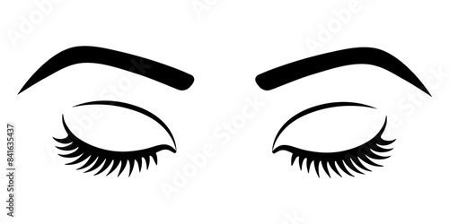 Woman eyes with eyebrows illustration. Elegant eye makeup icon. Mascara lash logo. Closed woman eyes symbol. Long lashes sign.