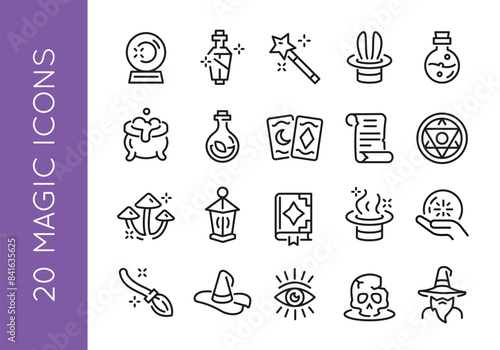 Magic icons. Set of 20 magic trendy minimal icons. Examples: Crystal Ball, Magic Wand, Rabbit in Hat, Tarot Cards icon. Design signs for web page, mobile app, packaging design. Vector illustration.