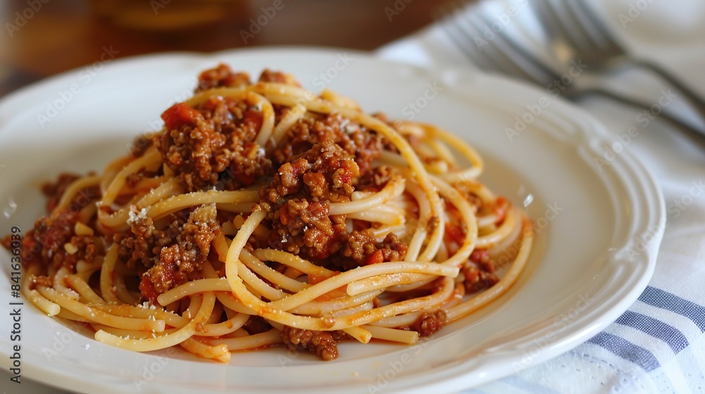 Spaghetti bolognese on a white plate. Generative Ai Spaghetti bolognese on a white plate. Generative Ai