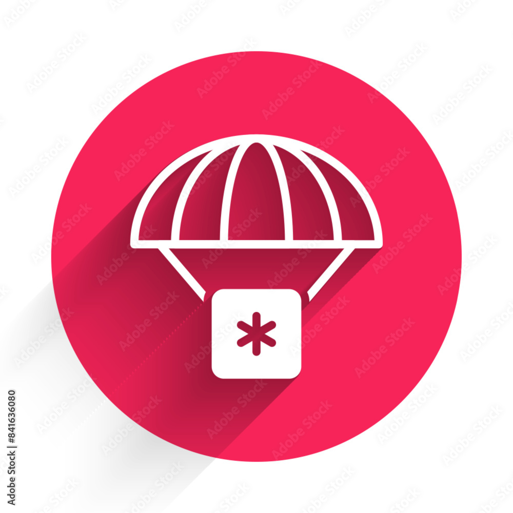 White Humanitarian aid icon isolated with long shadow. Medical cargo goes down to hard-to-reach places with a parachute. Red circle button. Vector White Humanitarian aid icon isolated with long shadow. Medical cargo goes down to hard-to-reach places with a parachute. Red circle button. Vector