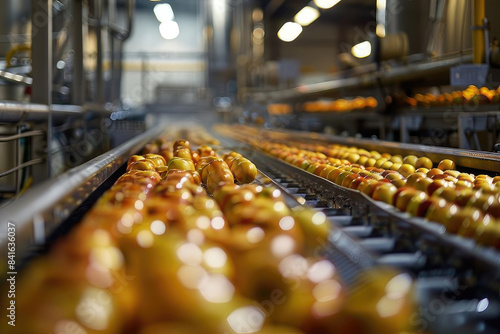 Apples on conveyor belt. Juice, cider, vinegar production. Food factory, fruit industry. Harvest season