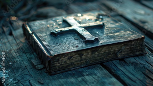 Bible and Cross Symbolism on Wooden Surface
