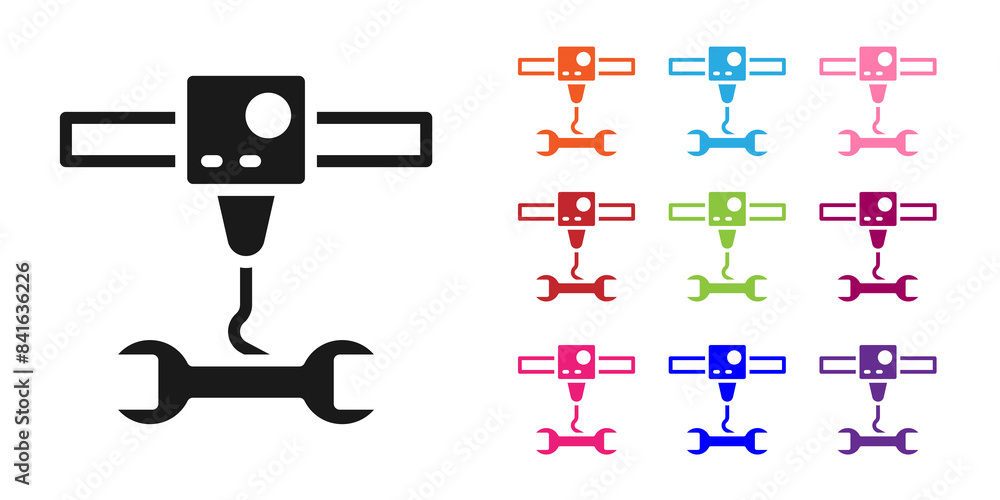 Black 3D printer wrench spanner icon isolated on white background. 3d printing. Set icons colorful. Vector Black 3D printer wrench spanner icon isolated on white background. 3d printing. Set icons colorful. Vector